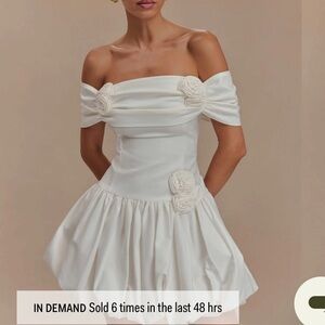 Meshki White Strapless Off-Shoulder Mini Dress with Rosette Details